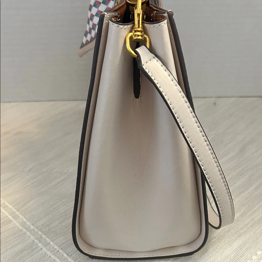 Tory Burch $700 Cream Eleanor Spazoletto Satchel with Gold Logo and Ribbon